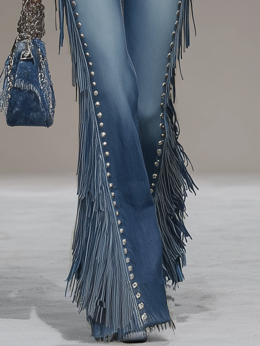 Western Blue Denim Side Tassel Rivet Flared Pants