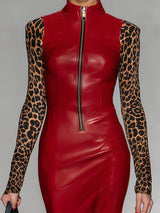 Red Pu Stitching Leopard Print Zipper Midi Dress