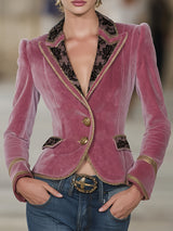 Pink Velvet Collar Lace And Gold Ribbon Blazer