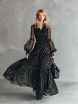High-end Chic Gold Polka Dot V-neck Ruffled Black Chiffon Maxi Dress