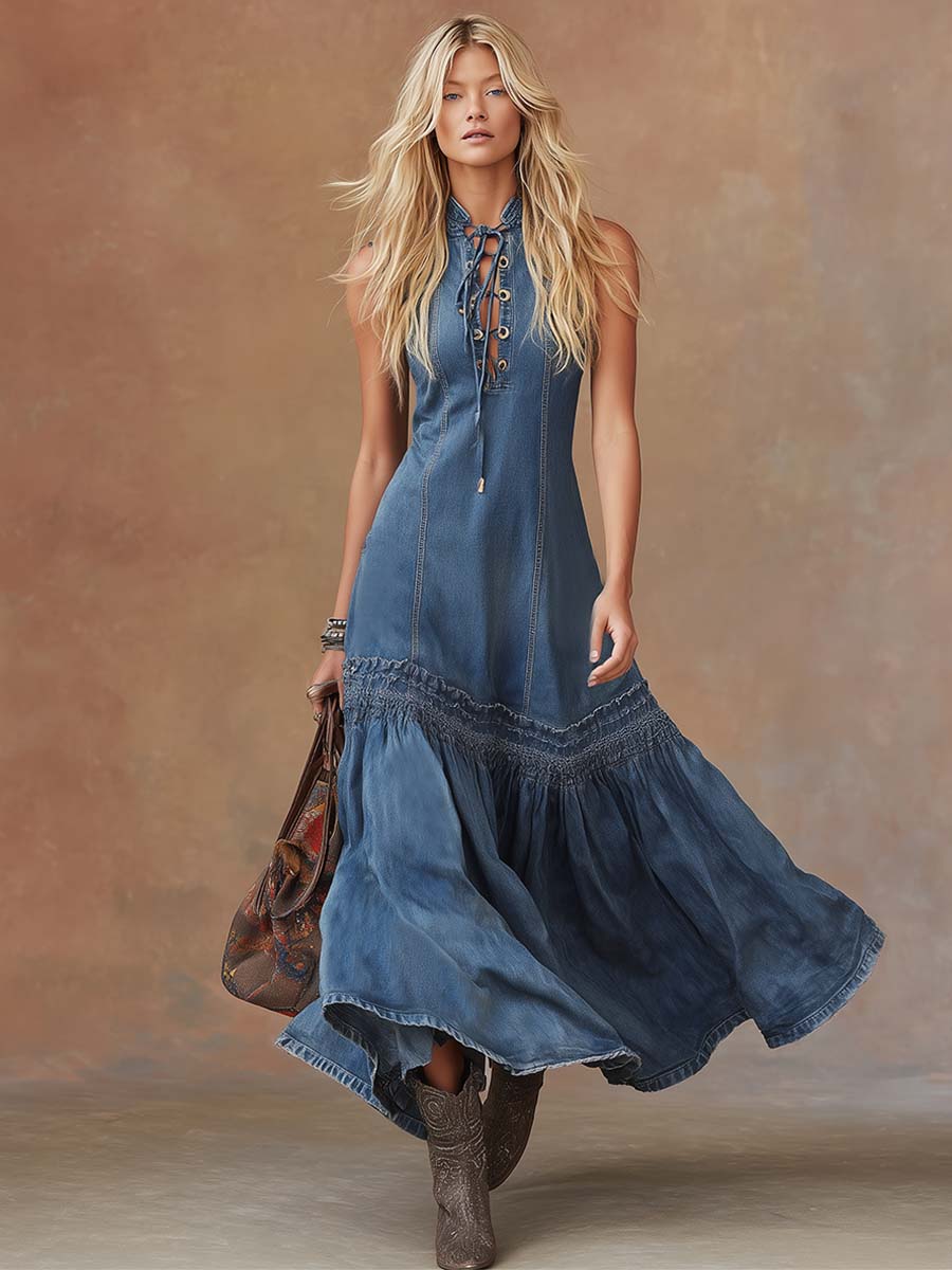 Vintage Tie-Neck Bubble-Hem Denim Maxi Dress