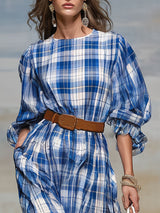 Casual Retro Blue And White Checkered Chiffon Long-sleeved Midi Dress