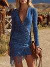 Western-style Blue Faux Suede Mini Dress With Zipper Design And Fringe Details.