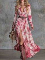 Vintage Western Lapel Front Button Pink Tie-dye Pattern Cotton Slits.Dress