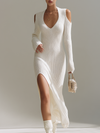 Casual Elegant Relaxed V-neck Side Slits Knitted Midi Dress