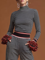 Sporty Retro Red Ruffled Black And White Striped T-shirt And Wide-Leg Pants Set