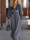 Casual Retro V-neck Denim Patchwork Plaid Maxi Dress