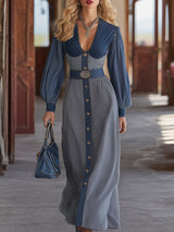 Casual Retro V-neck Denim Patchwork Plaid Maxi Dress