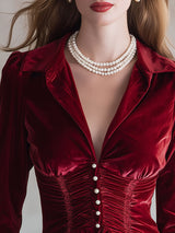 Fashionable Retro Red Velvet Pleated Ruffled Long-sleeved Shirt