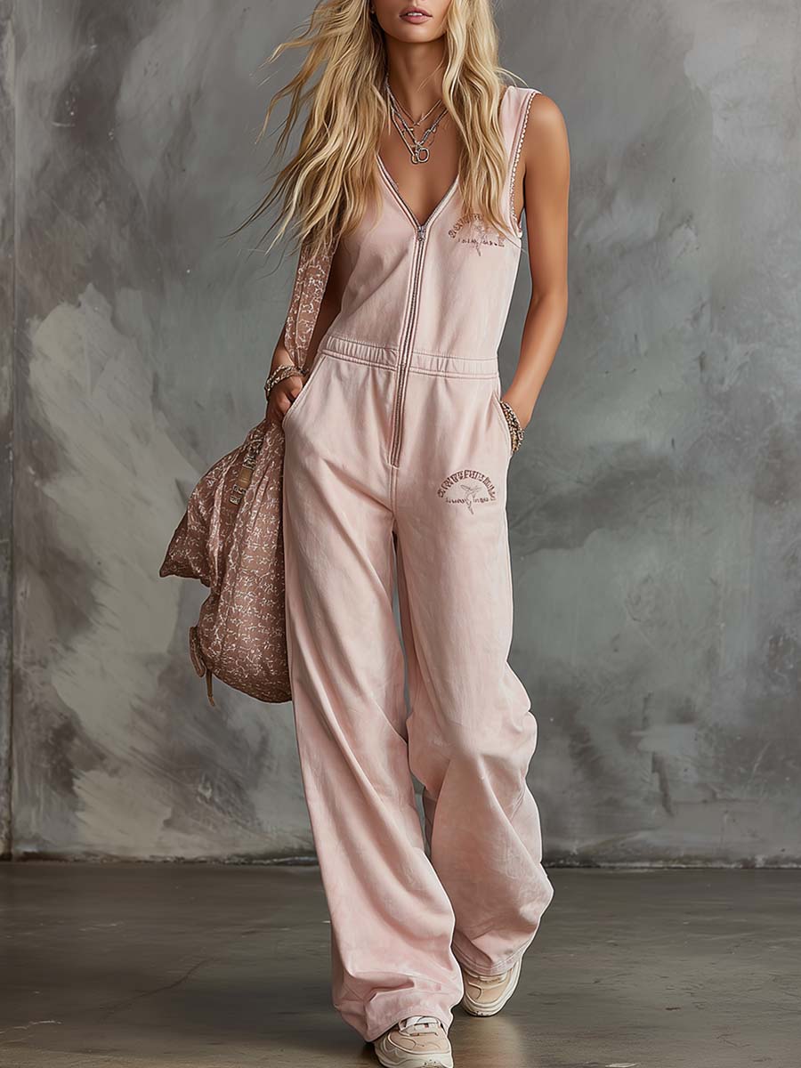 Elegant Retro Sporty V-neck Front Zipper Sleeveless Light Pink Cotton Jumpsuit