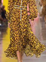 Retro Casual Stand-up Collar Yellow Leopard Print Chiffon Maxi Dress