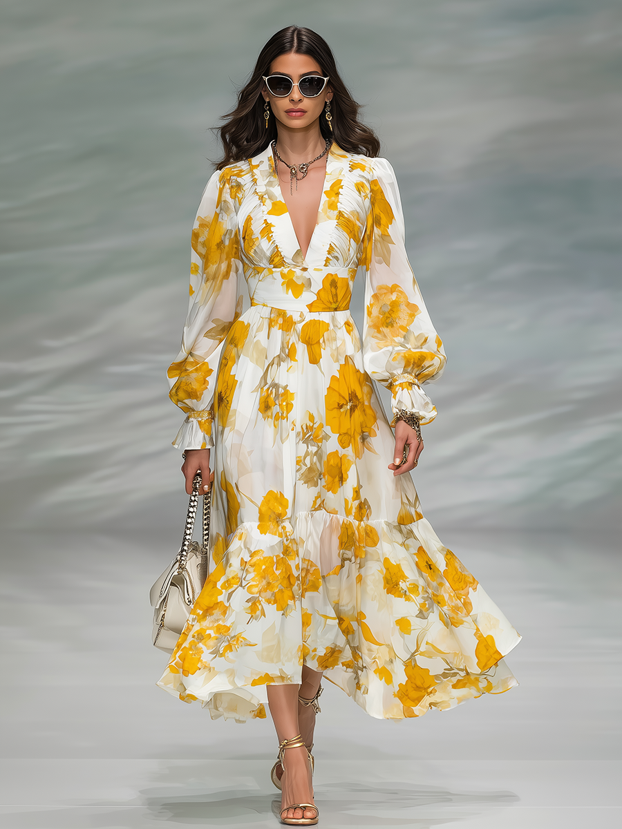 Charming And Elegant Vintage Floral Print Chiffon Midi Dress