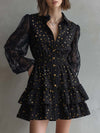Elegant Vintage Ruffled Hem Lace Long Sleeves Gold Star Pattern Black Denim Mini Dress