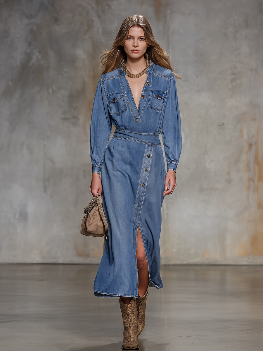 Retro V-neck Button-down Side-slit Denim Midi Dress