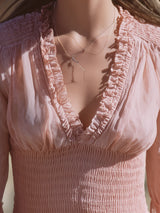 Western-style Pink Chiffon V-neckWith Ruffled Trim And Elasticated WaistTop