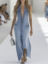 【24-hour shipping out】Western Retro Light Blue Denim Sleeveless Raw Edge Wide Leg Zipper Jumpsuit