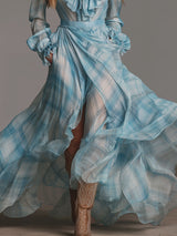 Loose-fitting Ruffled V-neck Plaid Chiffon Long-sleeved Maxi Dress