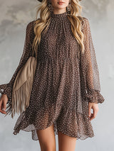 Vintage Romantic Brown Chiffon Polka Dot Mini Dress