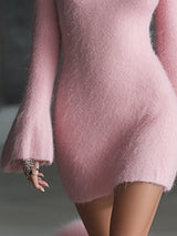 Romantic Square Neck Button Bell Sleeve Pink Seahorse Knit Mini Dress