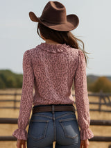 Pink Leopard Chiffon With Ruffled Lace V-neck Long-sleeved Shirt