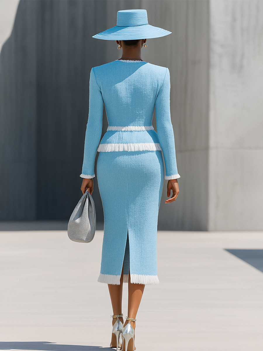 Elegant Vintage Gold Button Tassel Tweed Top And Skirt Set