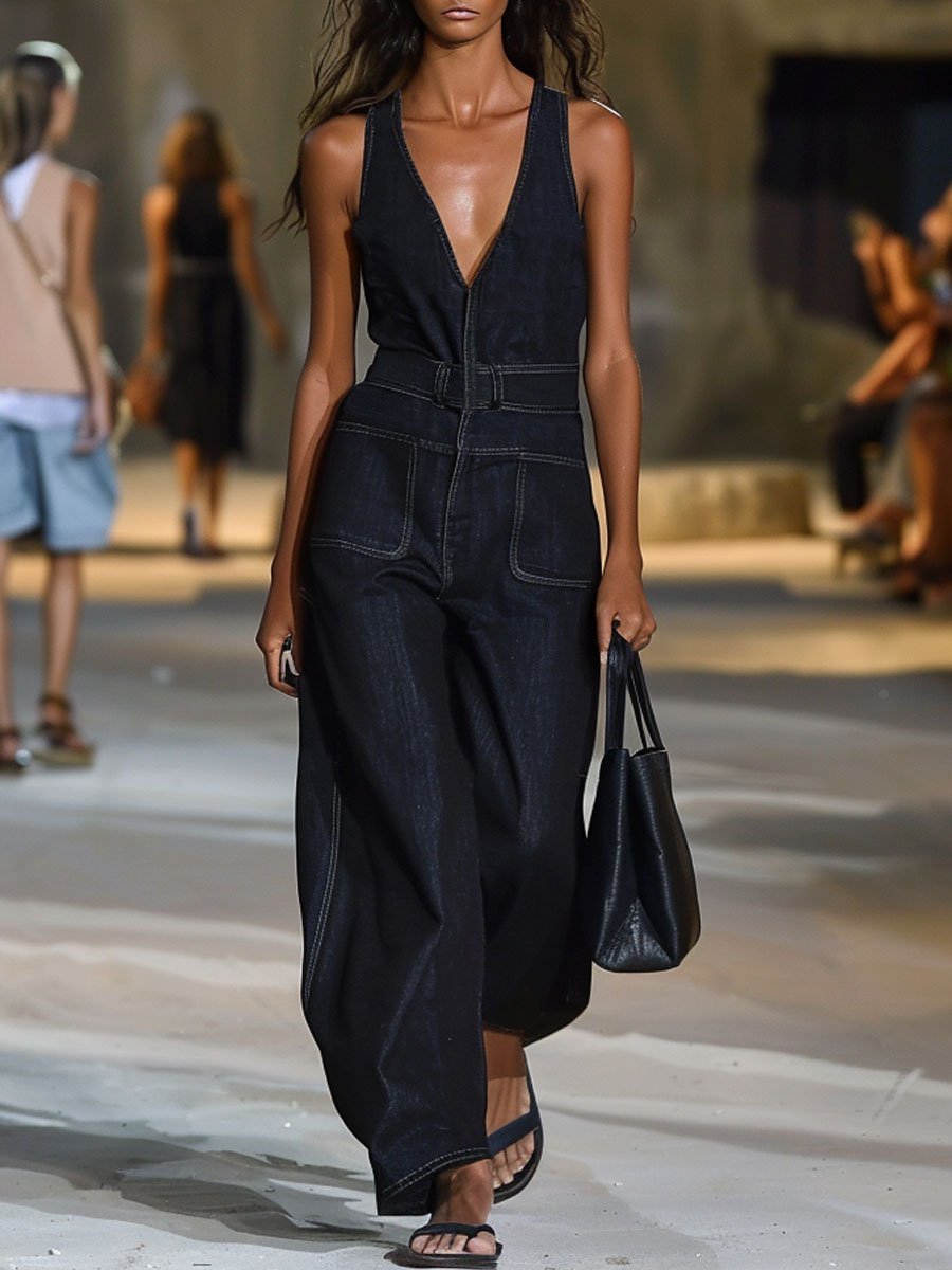 【24-hour shipping out】V-Neck Retro Casual Loose Sleeveless Wide-Leg Denim Jumpsuit