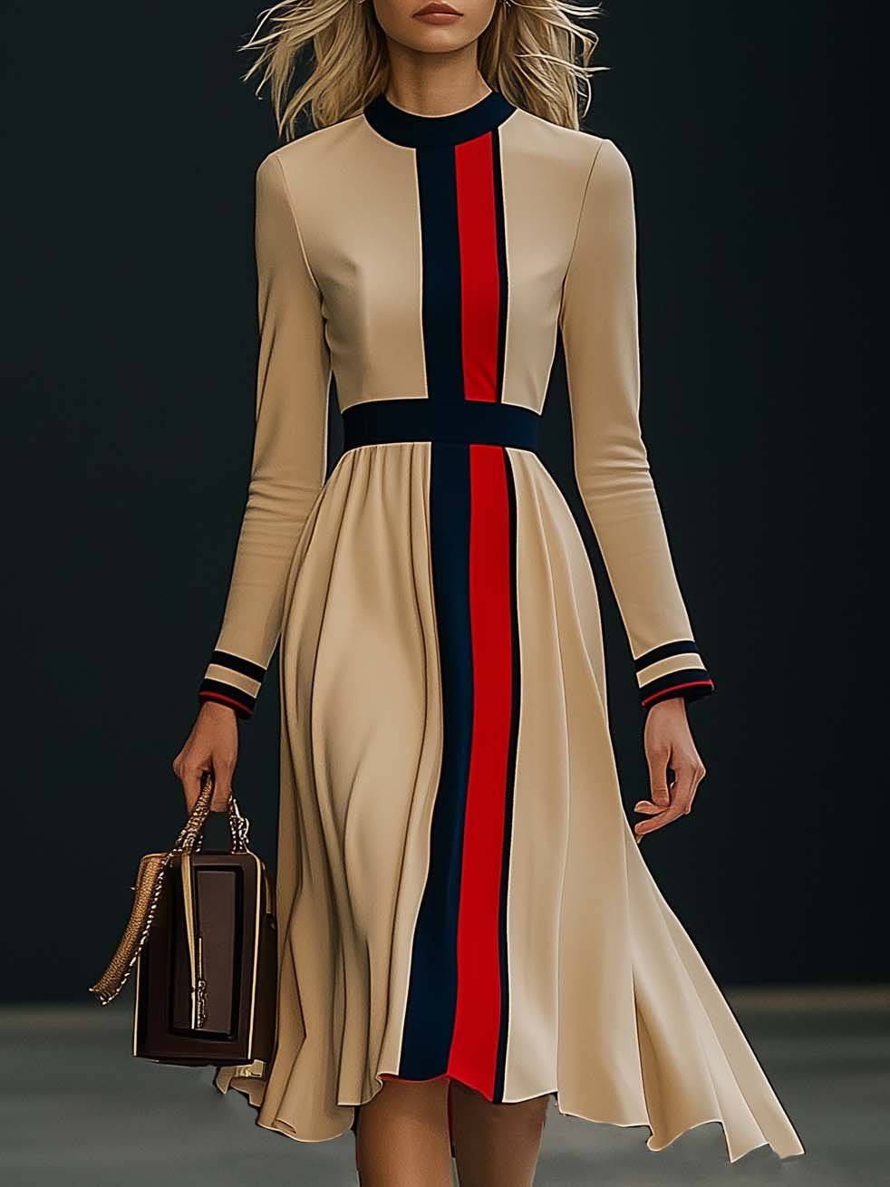 【24-hour shipping out】Elegant Colorblock Long Sleeve Midi Dress