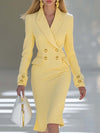 Elegant and Simple V-neck Light Yellow Knitted Midi Dress
