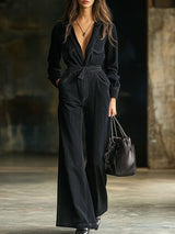【24-hour shipping out】Casual Multi-Pocket Belted Long Sleeve Black Flared Denim Jumpsuit