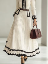 【24-hour shipping out】Fashion Retro Knitted Colorblock Long Sleeve Maxi Dress