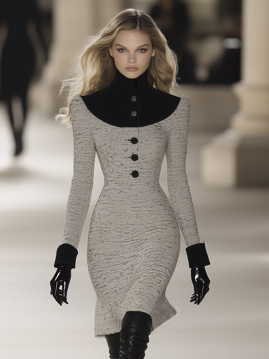 【24-hour shipping out】Retro Elegant Fashionable Stitching Velvet High Collar Tweed Midi Dress