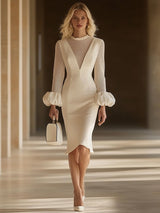 【24-hour shipping out】Elegant Classic Splicing Mesh Puff Sleeve Midi Dress