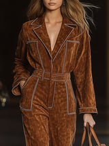 【24-hour shipping out】Casual Loose Vintage Exposed Pocket Long Sleeve Suede Jumpsuit