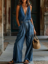 【24-hour shipping out】Loose Casual Pocket Elastic Waist Vintage Denim Jumpsuit