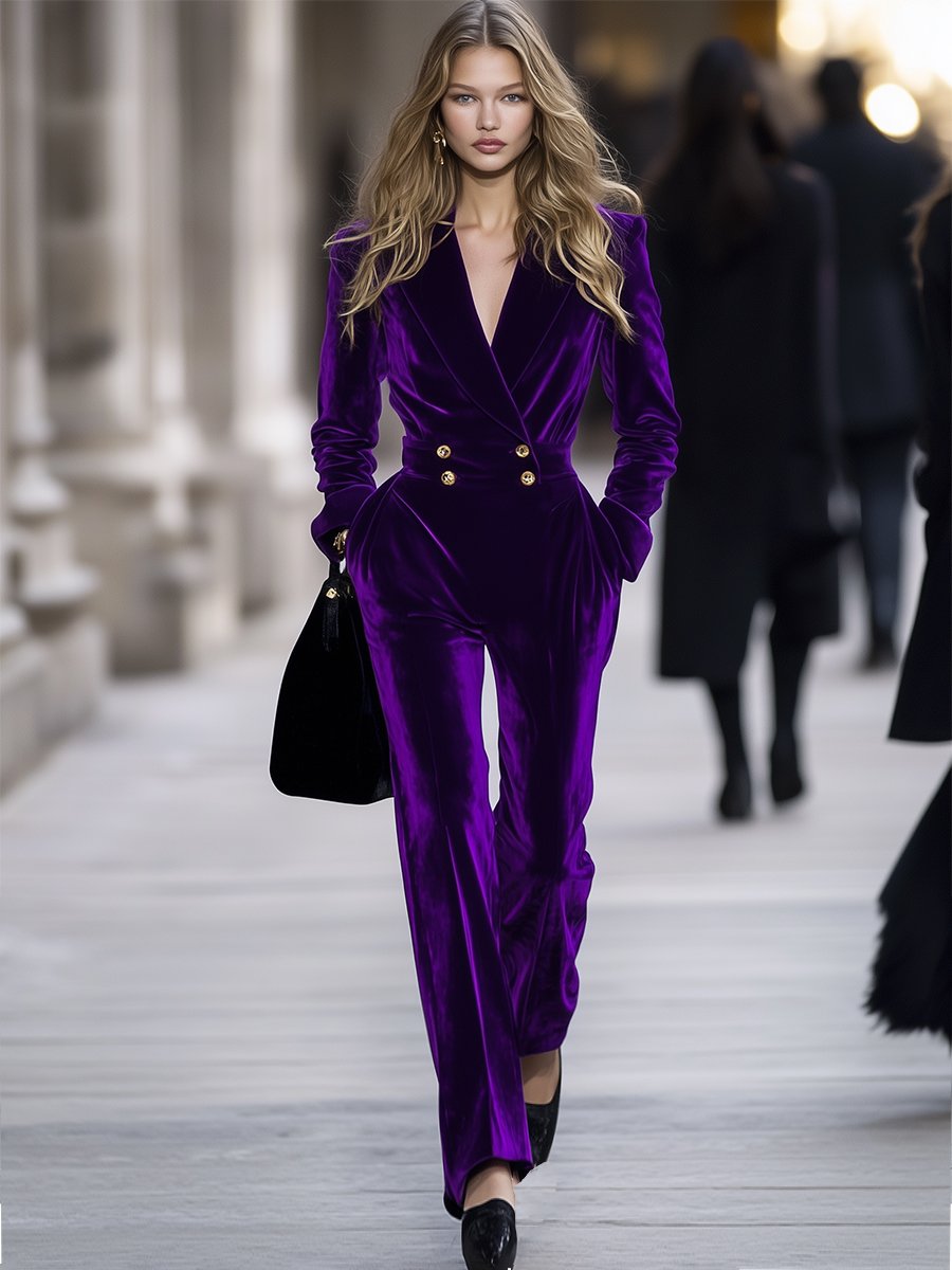 【24-hour shipping out】High-End Temperament Loose Retro Purple Velvet Jumpsuit
