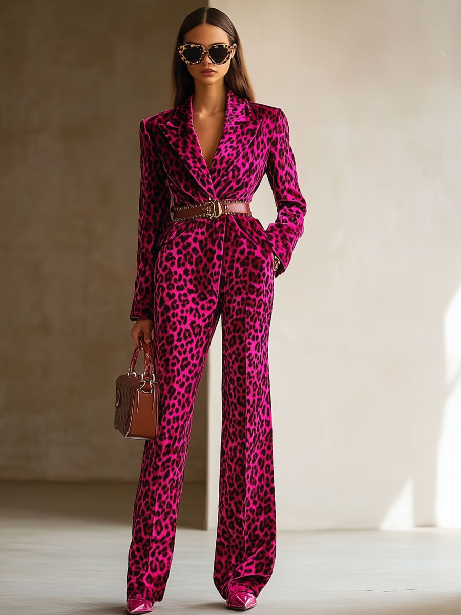 【24-hour shipping out】Casual Loose Retro Velvet Leopard Print Lapel Long Sleeve Jumpsuit