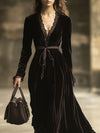 V-Neck Lace Panel Solid Velvet Long-Sleeved Maxi Dress