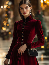 Fashion Retro Ankola Red Velvet Single-Breasted Long-Sleeved Midi Dress