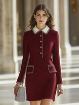 【24-hour shipping out】High-End Retro Luxury Contrast Hem Lapel Dress