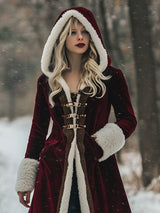 【24-hour shipping out】Loose Vintage Velvet Wool Gold Edge Stitched Pocket Hooded Coat