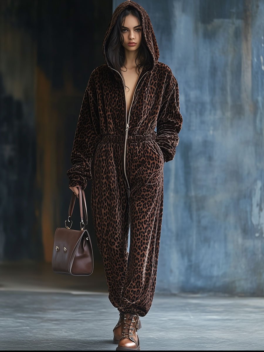 【24-hour shipping out】Casual Loose Vintage Velvet Leopard Print Elastic Waist Zipper Hooded Jumpsuit