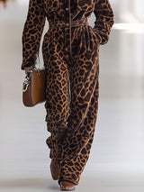 【24-hour shipping out】Casual Loose Retro Corduroy Leopard Print Multi-Pocket Long Sleeve Jumpsuit