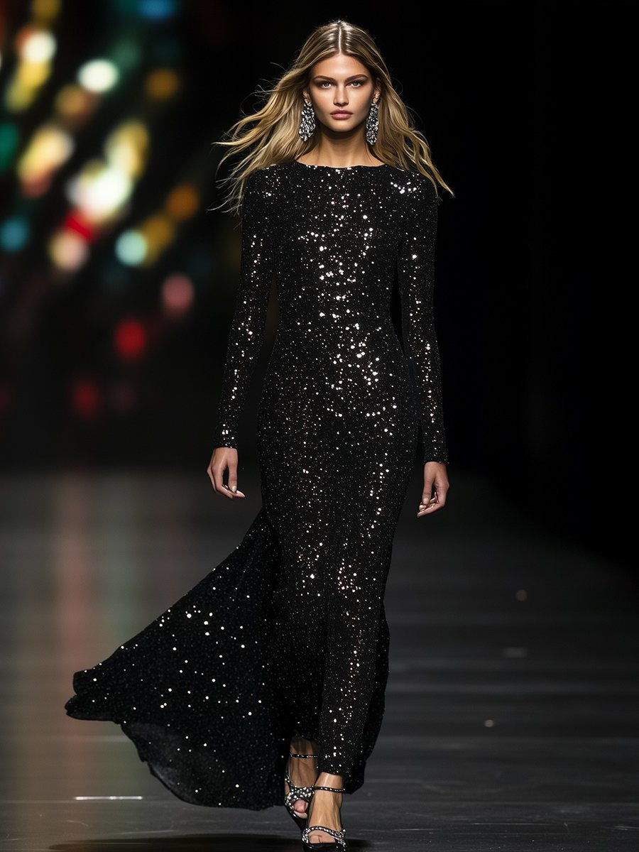 【24-hour shipping out】High-End Luxury Temperament Slim Heavy Sequined Maxi Dress