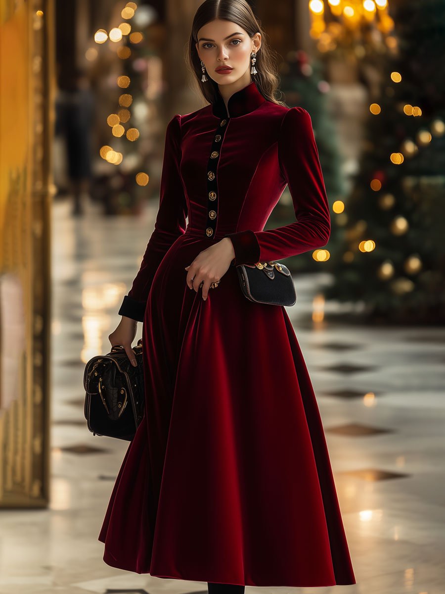 Fashion Retro Ankola Red Velvet Single-Breasted Long-Sleeved Midi Dress
