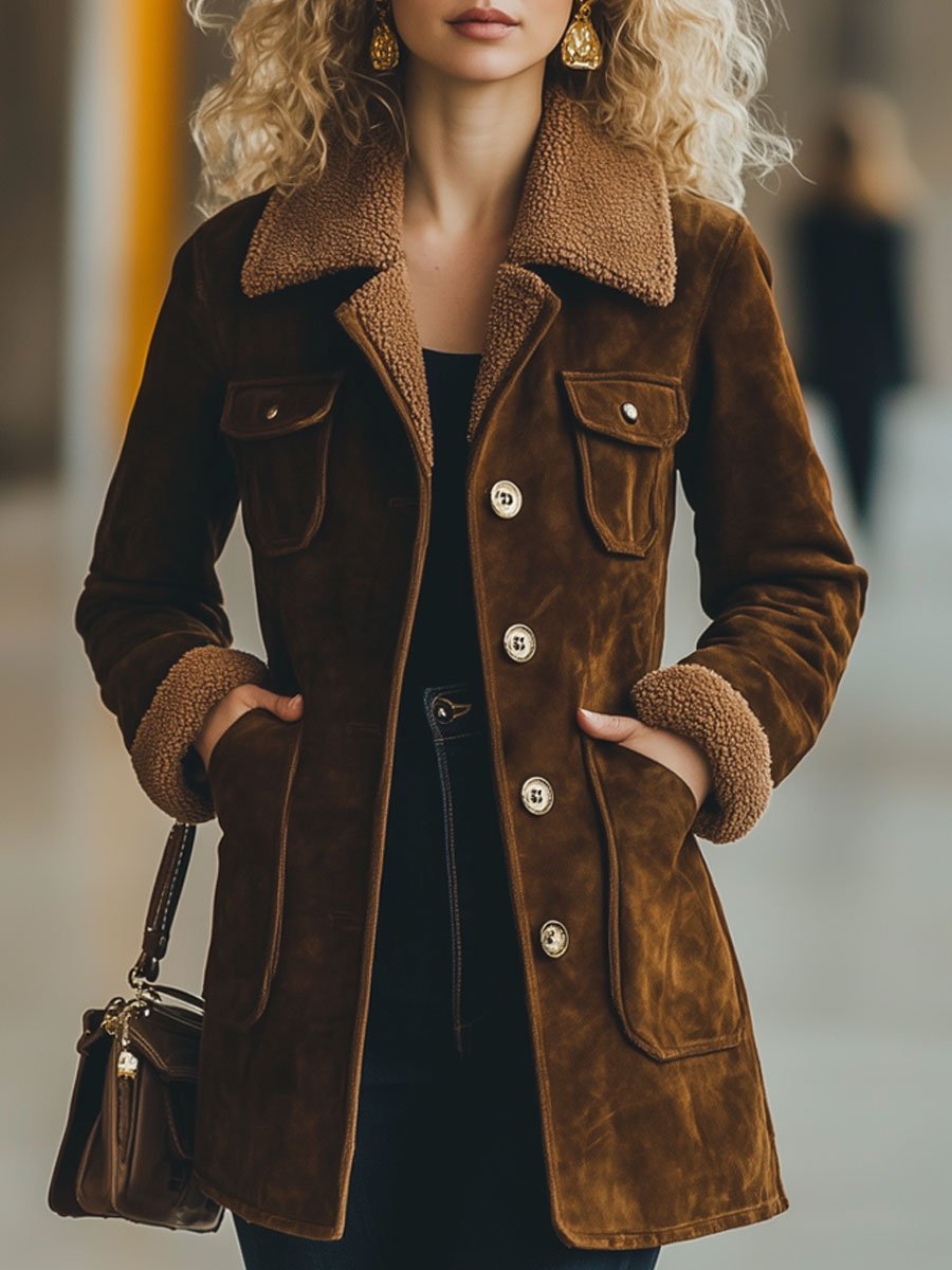 【24-hour shipping out】Casual Loose Retro Suede Lamb Wool Patchwork Multi-Pocket Coat