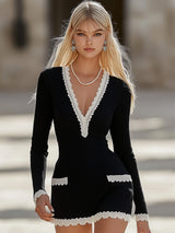 【24-hour shipping out】Elegant and Simple Stitching Lace Edge Black Knitted Mini Dress