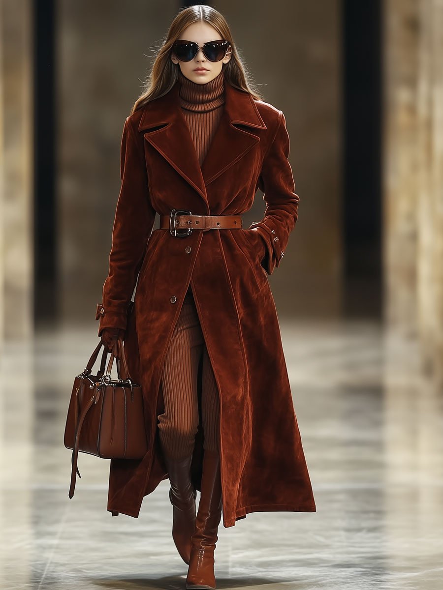 【24-hour shipping out】Casual Loose Vintage Angora Red Suede Pocket Lapel Extra Long Coat