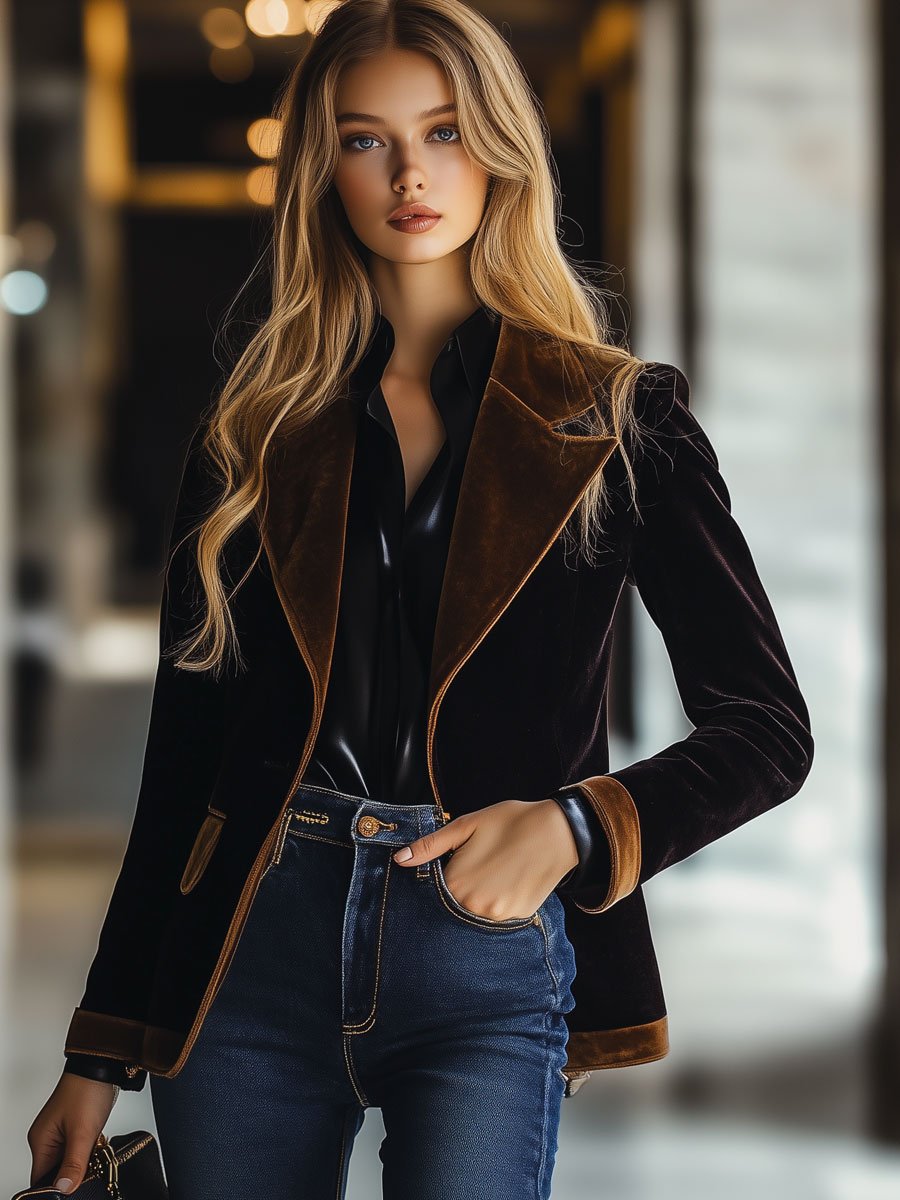 【24-hour shipping out】Casual Loose Vintage Velvet Colorblock Lapel Pocket Blazer