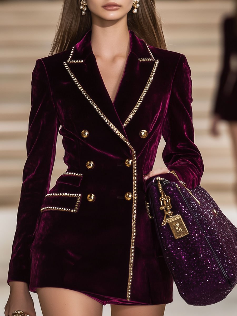 【24-hour shipping out】Casual Vintage Burgundy Velvet Gold Trim Double Breasted Suit Mini Dress