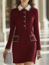 【24-hour shipping out】High-End Retro Luxury Contrast Hem Lapel Dress